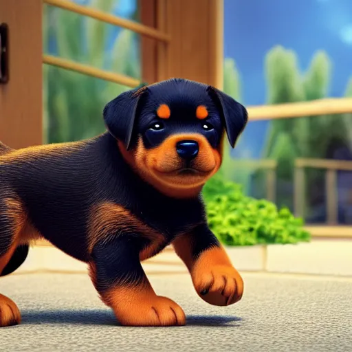 Prompt: cute rottweiler puppy, pixar, 8 k, octane render, still from pixar movie