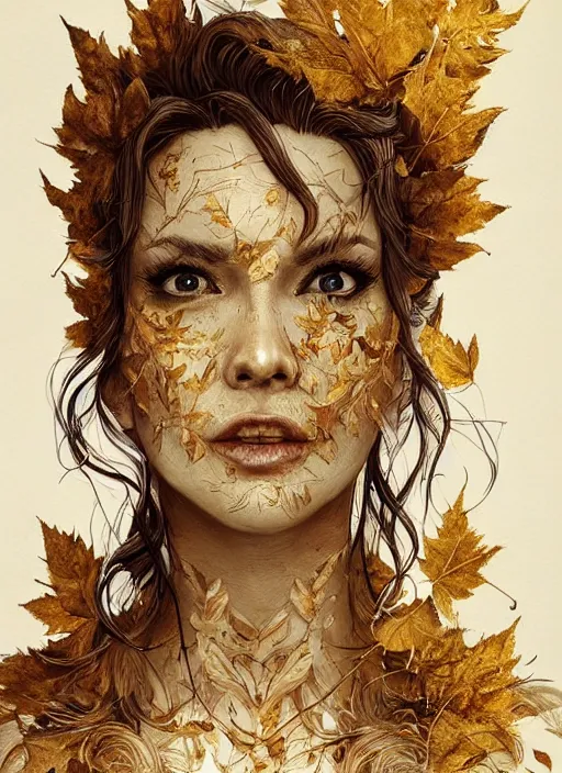 Image similar to golden leaves at frame border, creative!!! composition for a book cover!!!, absurdly beautiful, ultrafine hyperrealistic detailed old witch face by wlop and artgerm and greg rutkowski, intricate linework, sharp focus, smooth, octopath traveler, final fantasy, unreal engine, dramatic lighting, ethereal, 8 k