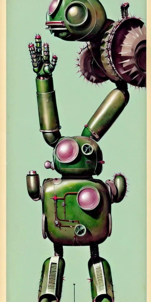 Prompt: 1950s retro cactus robot, Bionic Arms and eyes. muted colours. by Jean-Baptiste Monge, wide shot