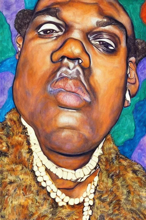 Image similar to a portrait of biggie smalls wearing boho - chic style clothes, with a fur muffler, full body!!, realistic painting in egon schiele style, masterpiece, hyperdetailed, complex, intricate, 4 k, hyperrealistic, trending on artstation