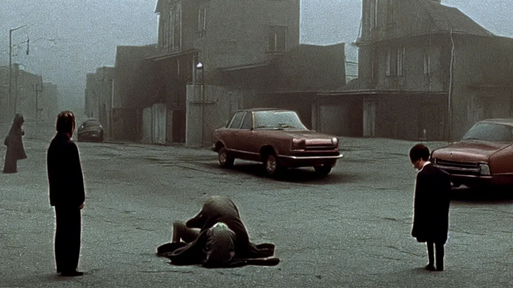 Prompt: the strange creature sells a used car, film still from the movie directed by denis villeneuve and david cronenberg with art direction by salvador dali and zdzisław beksinski, wide lens