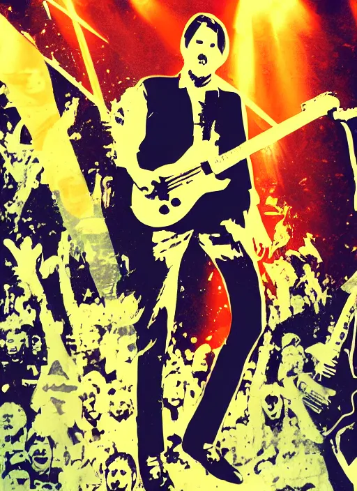 Image similar to Illustration of Jeremy Corybyn rocking on stage with Nirvana, rock, stage, music, digital art