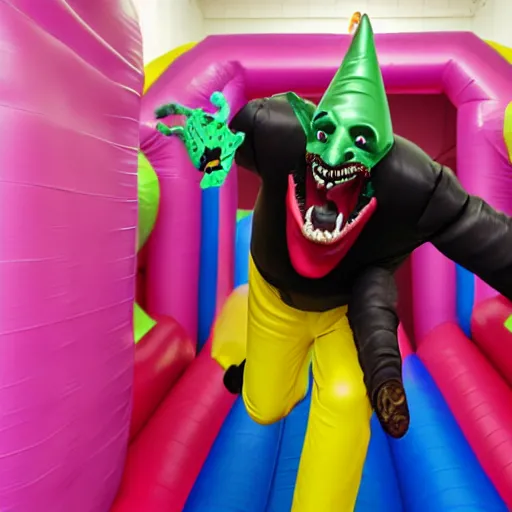 Image similar to chased by a creepy jester in an endless corridor made of bouncy castle, photo