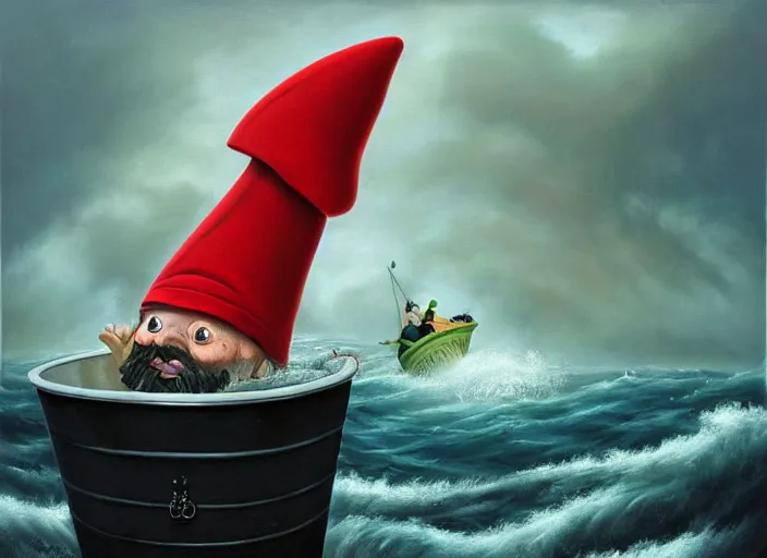 Prompt: a terrified garden gnome sailing in a bucket, background of raging ocean on a stormy day with dramatic clouds, an ultrafine detailed painting by mark ryden, trending on deviantart, pop surrealism, whimsical, lowbrow, rainy, perfect symmetrical face