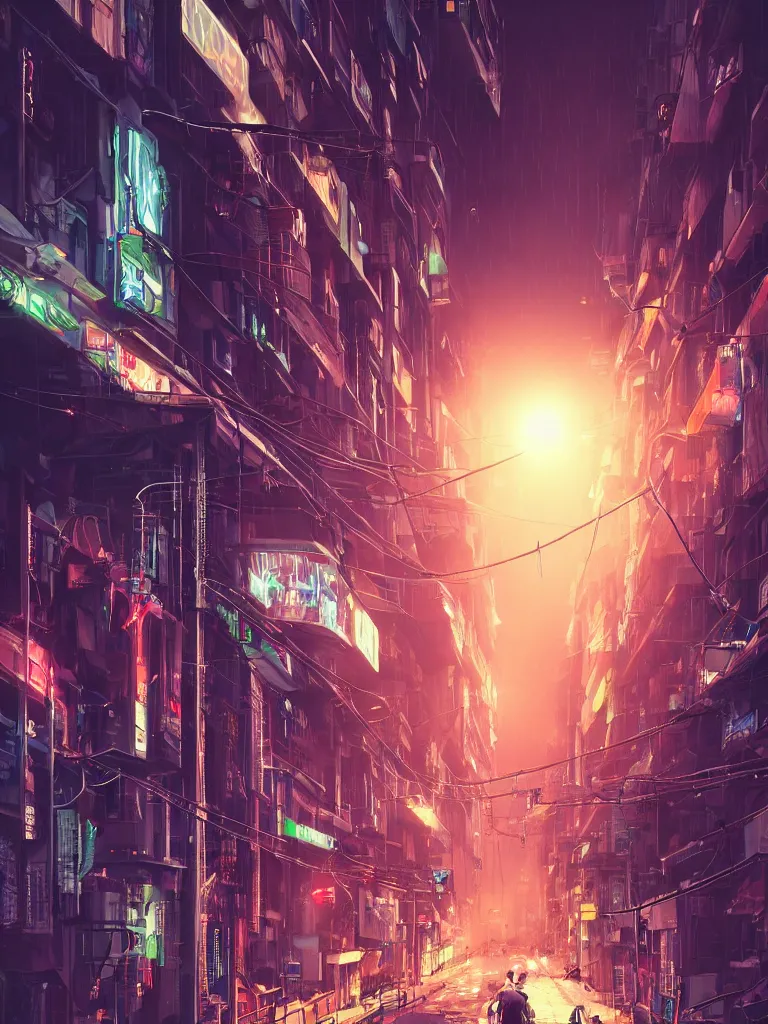 Prompt: futuristic cyberpunk street, hanging cables, narrow, garbage on the ground. rain. fog, haze, evening. led screens. golden hour. volumetric lighting. cables on the ground. very messy. futuristic. photorealistic. artstation. anime. studio gimbli style