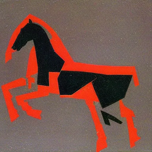 Image similar to horse flying over an austronaut that stays on the ground. by kazimir malevich