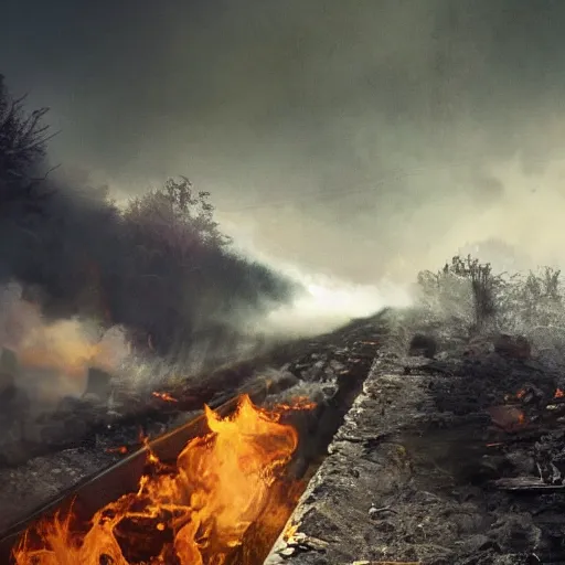 Prompt: trainwreck, devastation on the railroad, atmospheric smoke and fog, fire and flames, post-apocalyptic, Cinematic horror, high detail, 4k