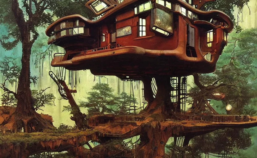 Image similar to a scene of futuristic treehouse surrounded by ancient technology. highly detailed science fiction painting by norman rockwell, frank frazetta, and syd mead. rich colors, high contrast, gloomy atmosphere, dark background. trending on artstation
