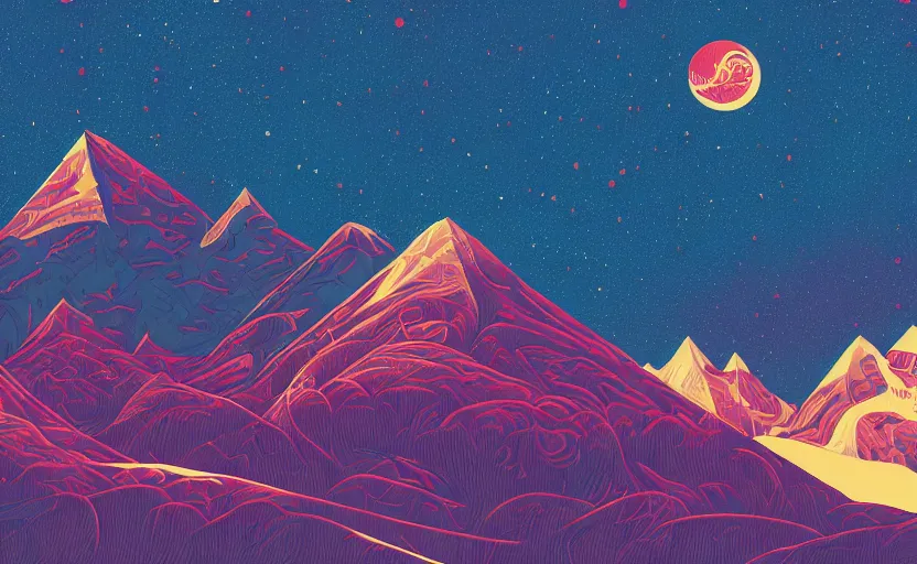 Prompt: mountains, stars and paisley filled sky, artstation, intricate, highly detailed, digital painting, concept art, sharp focus, illustration by tom whalen and charles williams and kilian eng