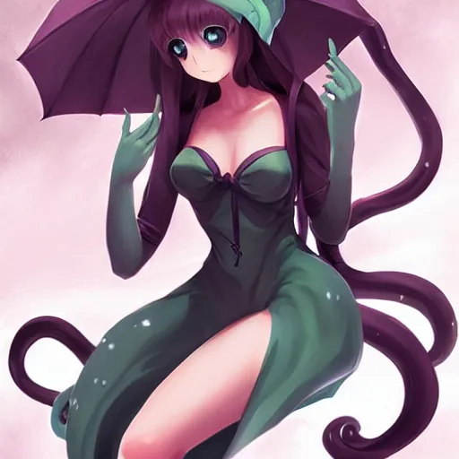 Image similar to cthulhu humanisation as a cute anime girl, by rossdraws, wlop, boris vallejo, gil elvgren, sleek curves, pixiv award winning