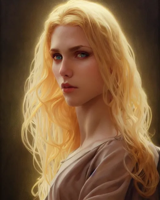 Image similar to portrait of a beautiful young blonde vampire, dark, piercing eyes, gentle expression, elegant clothing, photorealistic, highly detailed, artstation, smooth, sharp focus, art by michael whelan, artgerm, greg rutkowski and alphonse mucha