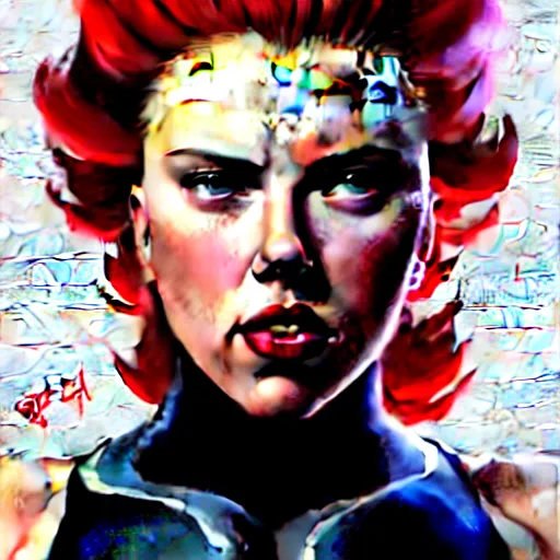 Image similar to greg manchess portrait of scarlett johansson as thick very muscular gothic weightlifter zarya from overwatch with short red hair and black lipstick, fantasy medium shot, asymmetrical, profile picture, organic painting, sunny day, matte painting, bold shapes, hard edges, street art, trending on artstation, by huang guangjian and gil elvgren and sachin teng