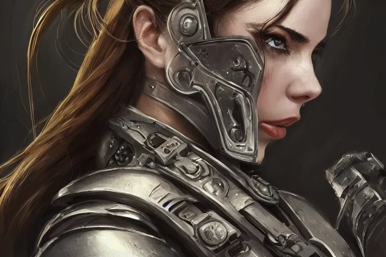 Image similar to a full-face portrait of an attractive young woman, clothed in battle armor, olive skin, long dark hair, beautiful bone structure, symmetrical facial features, intricate, elegant, highly detailed, digital painting, trending on Artstation, concept art, smooth, sharp focus, illustration, from Metal Gear by Ruan Jia and Mandy Jurgens and Artgerm and and william-adolphe bouguerea, award winning