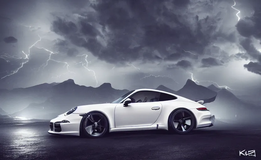 Prompt: a white Porsche 911 in the mountain at night by Khyzyl Saleem, cyan headlights, night time, lightning, heavy storm, atmospheric, artstation, concept art, illustration, sharp focus, high detail, octane render, cyberpunk, intimidating