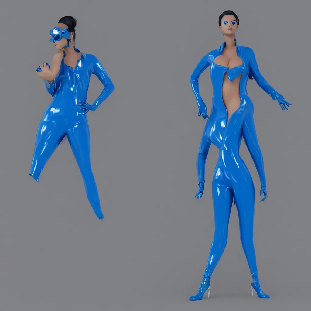 Image similar to a beautiful female wearing a blue latex jumpsuit, eyeballs with different colored iris are poking through the suit, face, torso, legs, feet, octane render, photo realistic, hyper realistic, 8 k resolution in the style of alvin schwartz