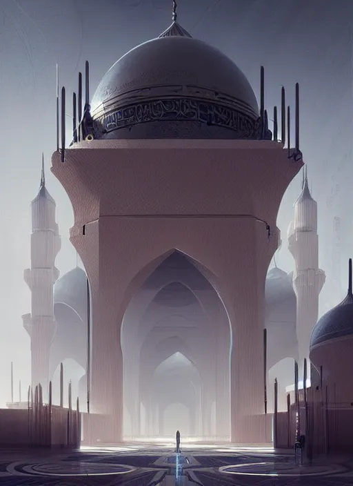 Image similar to epic futuristic mosque. highly detailed, digital painting, concept art, smooth, sharp focus, illustration, art by greg rutkowski
