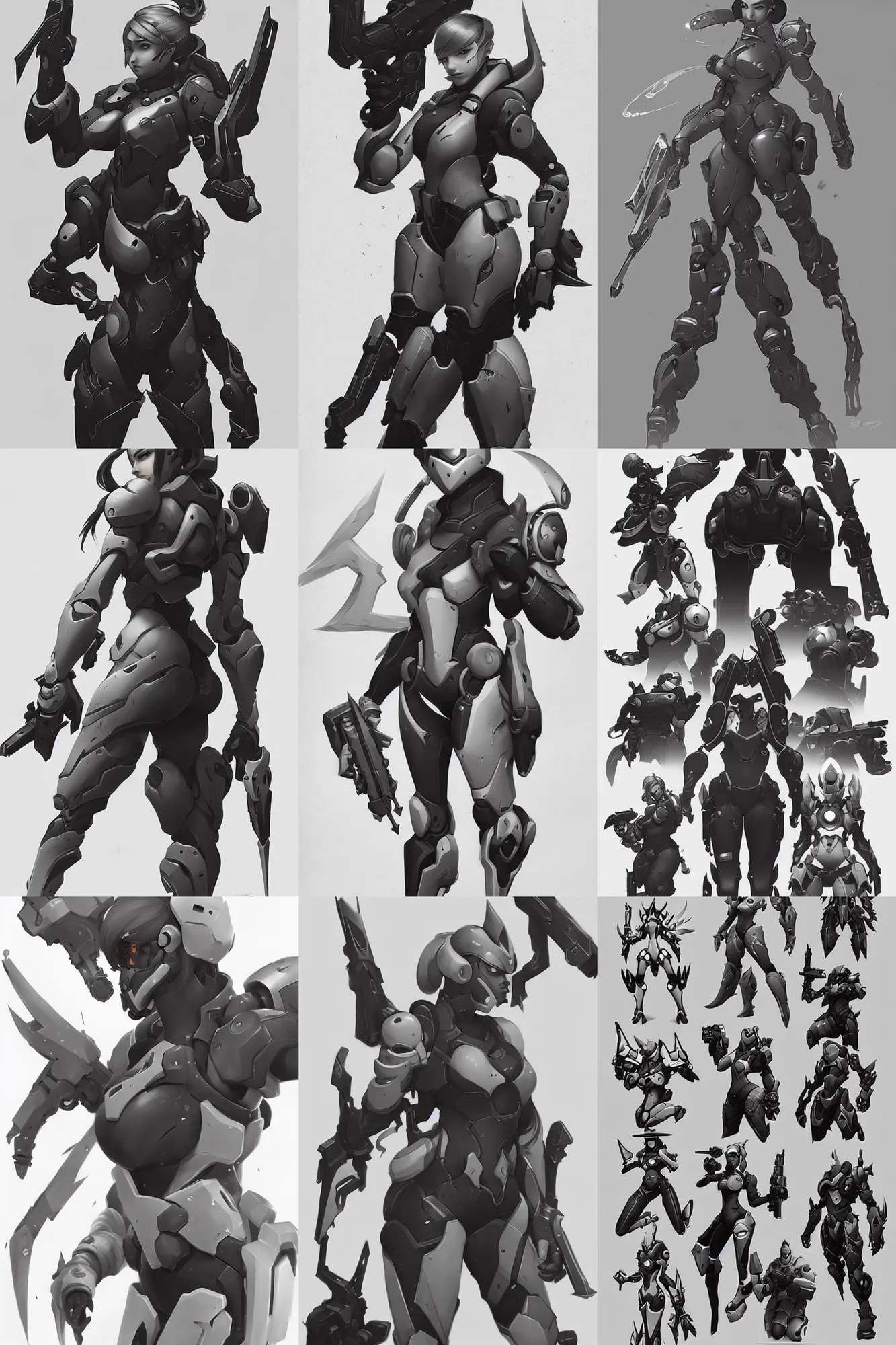 Prompt: detailed pencil spot illustrations of various character concepts from the overwatch and destiny crossover, various poses, cybernetics, futuristic, by ruan jia, by yoshitaka amano, by conrad roset, by burne hogarth, by bridgeman, cgsociety, artstation.