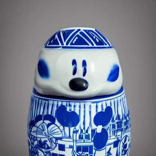 Prompt: a delft blue vase with a happy mickey mouse depicted on it ; extremely detailed ; f / 1. 4, 9 0 mm