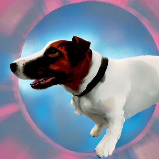 Prompt: white jack russell terrier, flying in space in a helmet, photorealism, digital painting, 4 k