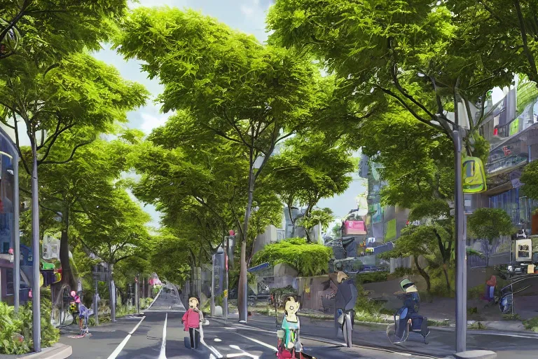 Prompt: an optimistic futuristic city street with one or two mini cannabis pot - plant few cute leaves, scenic streams, idyllic crossing bridges and people riding e - scooters, pop motifs, by ghibli