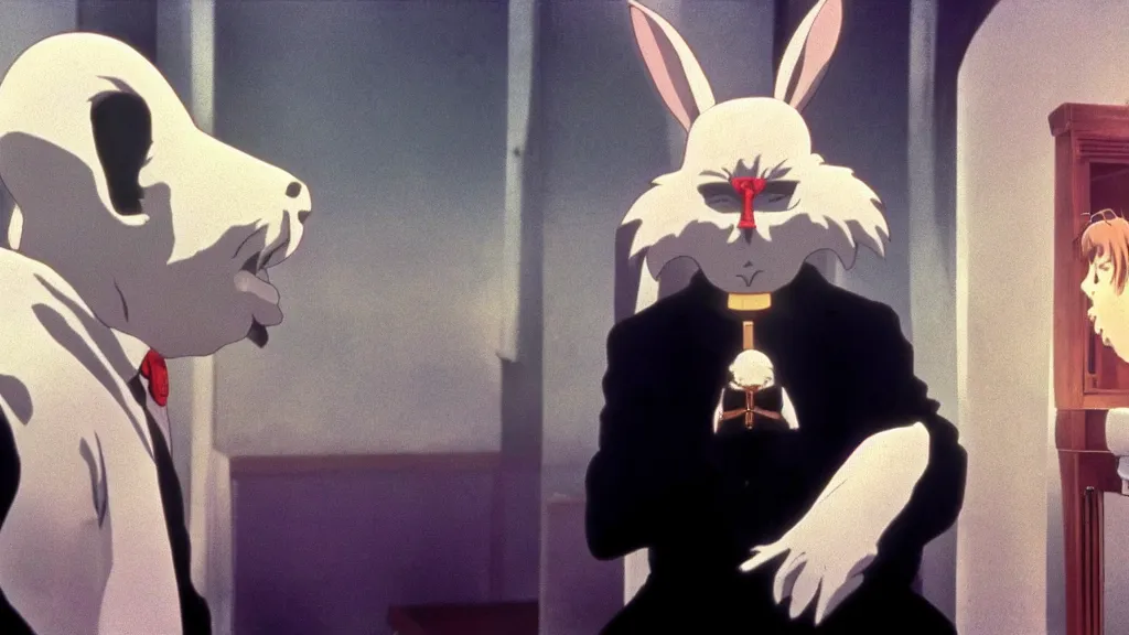 Image similar to a man wearing priest clothes and a white rabbit mask sitting in a confessional holding a pistol, anime film still from the an anime directed by Katsuhiro Otomo with art direction by Salvador Dalí, wide lens