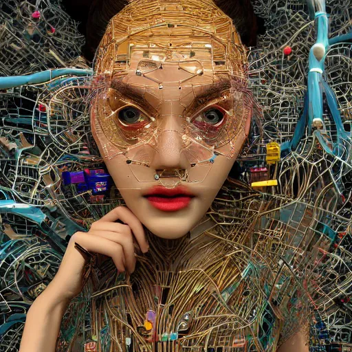 Prompt: deeper into the metaverse we go, piles of modular synth cables mixed with mangrove roots, kawaii puerto rican goddess swimming up wearing a headpiece made of circuit boards, by cameron gray, wlop, stanley kubrick, masamune, hideki anno, jamie hewlett, unique perspective, trending on artstation, 3 d render, vivid