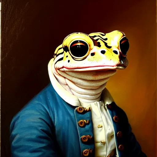 Prompt: a head and shoulders portrait painting of an anthropomorphic!!!!!!!!!! amazon milk frog!!!!!!!!!! wearing a colonial outfit without a hat looking off camera, a character portrait, classicism, oil on canvas, hatching brush strokes