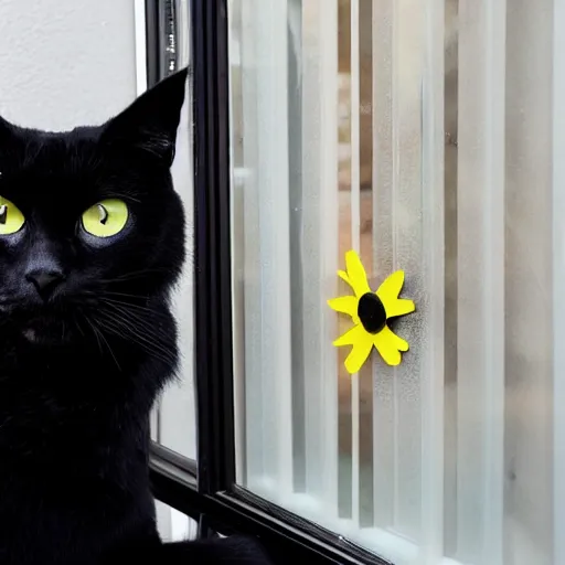 Image similar to a giant black cat with yellow eyes looking through a window at Jodie Marsh