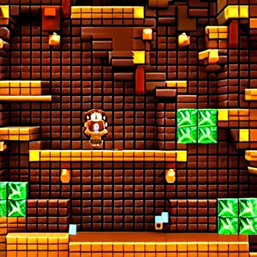 Prompt: Donkey Kong in a beautiful mine with shiny crystals on the wall, floating barrels and minecarts.