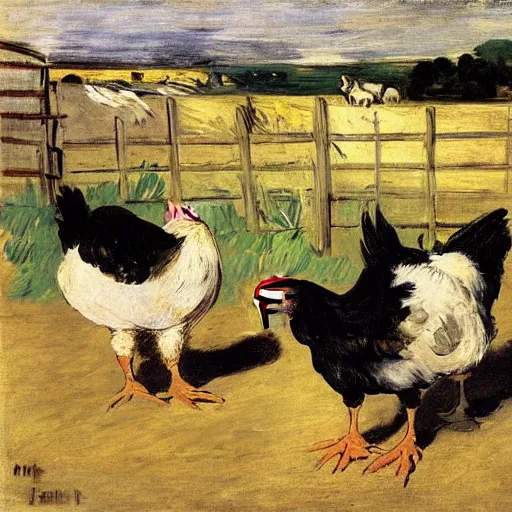 Prompt: chickens on a farm by manet