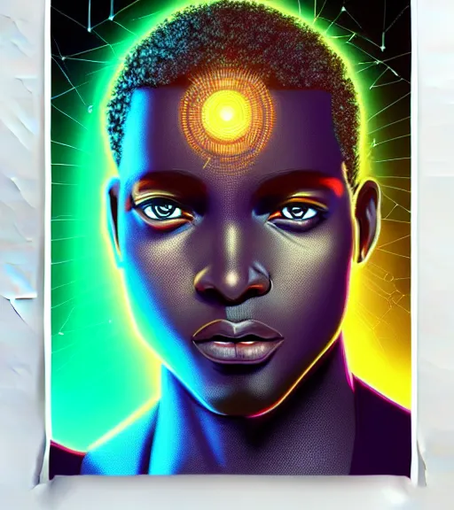 Image similar to symmetry!! african prince of technology, solid cube of light, hard edges, product render retro - futuristic poster scifi, lasers and neon circuits, dark skin man african prince, intricate, elegant, highly detailed, digital painting, artstation, concept art, smooth, sharp focus, illustration, dreamlike, art by artgerm