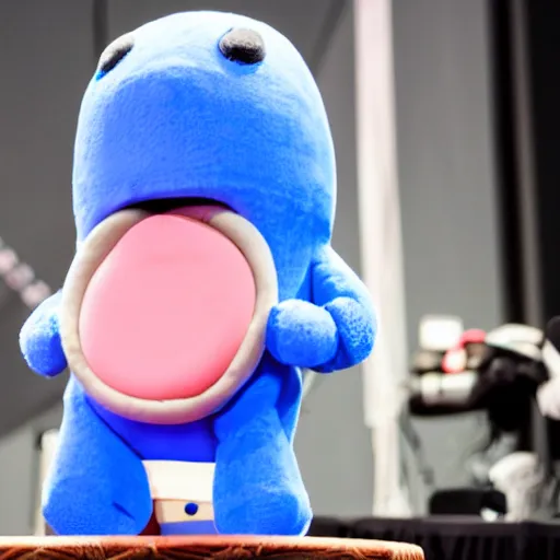 Image similar to a little blue creature in the shape of a sausage lies on a huge microphone on the stage