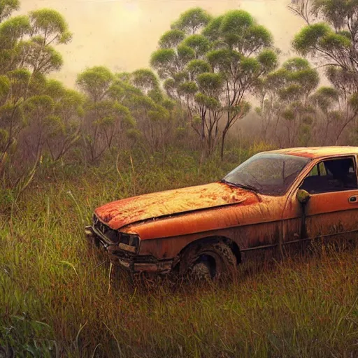 Prompt: hyper _ realistic _ painting _ of _ a rusty _ australian _ landscape _ an _ abandoned _ holden _ commodore _ covered _ with _ moss. _ by _ simonstalenhag