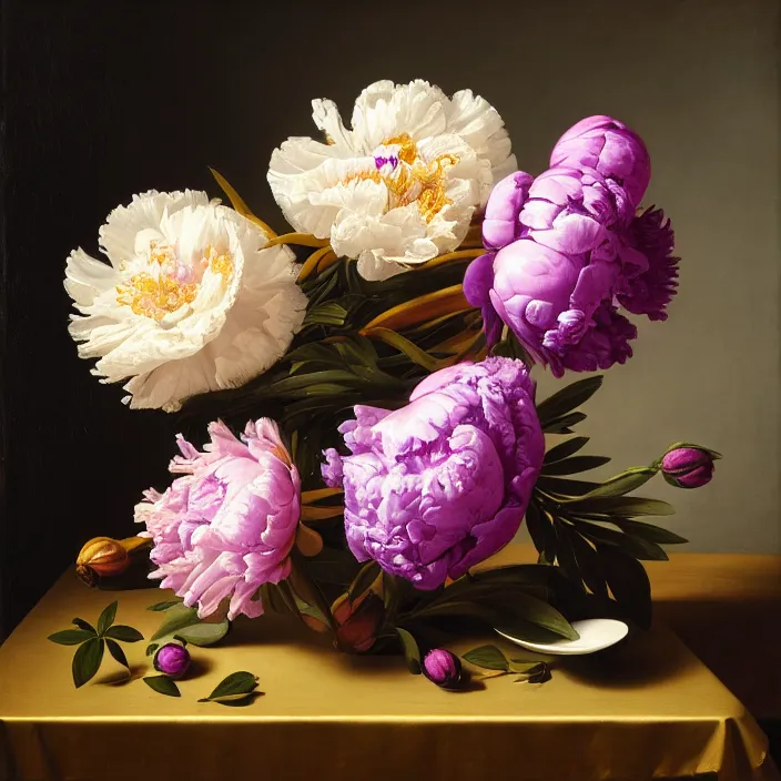 Image similar to still life painting of a beautiful bouquet of purple and pink peonies by pieter claesz, palm trees in the background, oil on canvas, strong lighting, highly detailed, hyper realism, golden hour, god rays, hd, 4 k