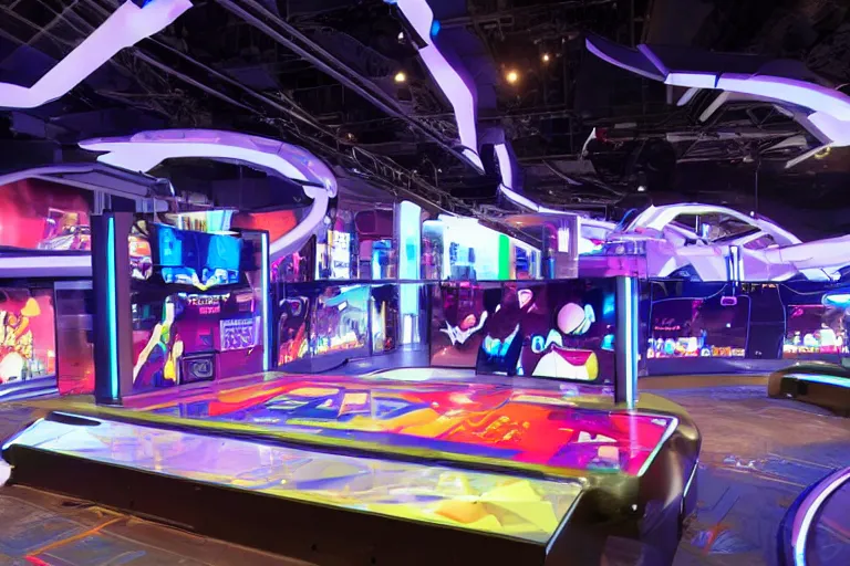 Image similar to futuristic high - tech tv show arena with mini games happening outside, wide angle, cinematographic shot, day