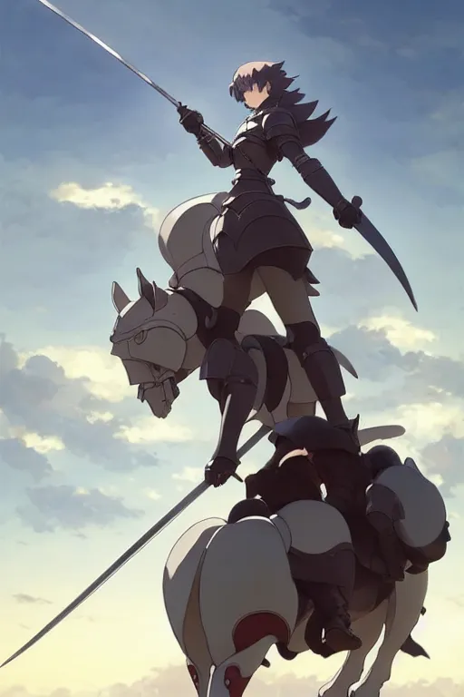 Image similar to a full body of the female knight riding a heavy armored giant cat, finely detailed features, closeup at the faces, perfect art, gapmoe yandere grimdark, trending on pixiv fanbox, painted by greg rutkowski makoto shinkai takashi takeuchi studio ghibli, akihiko yoshida