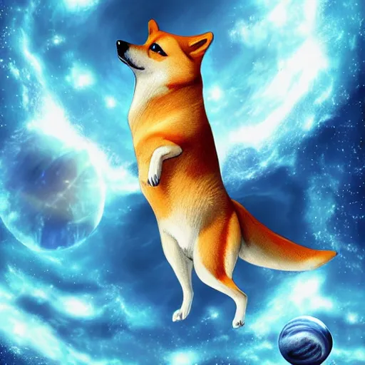 Image similar to winged shiba in space, wonderful planets, digital art, 4 k, realistic, vivid colors