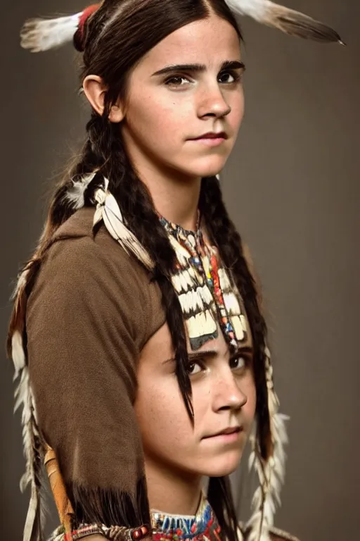 Image similar to Photo of Native American indian woman Emma Watson, portrait, skilled warrior of the Apache, ancient, realistic, detailed, Emma Watson