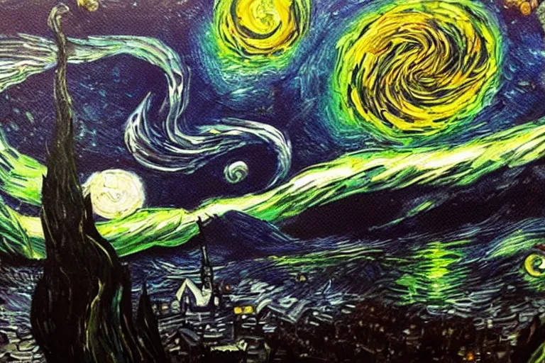 Image similar to man is seeing old god cthulhu terrifying the night sky of a city, epic scene oil painting hyper - detailed realistic dark van gogh style