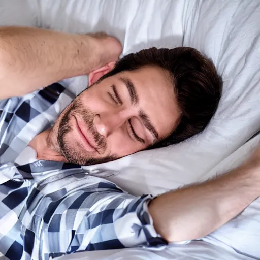 Image similar to man wearing pajamas sleeping in bed happily