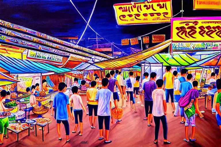 Prompt: detailed painting of Thai river night market, Bangkok, comic style, deep strokes, high quality