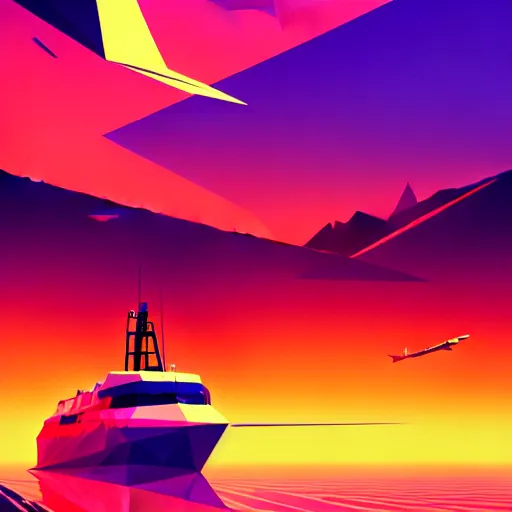 Image similar to super detailed color art, big graphic seiner ship on sunset view with polygonal mountains, unreal engine, high contrast color palette, 3 d render, lowpoly, colorful, digital art, perspective, full volume composition, syd mead