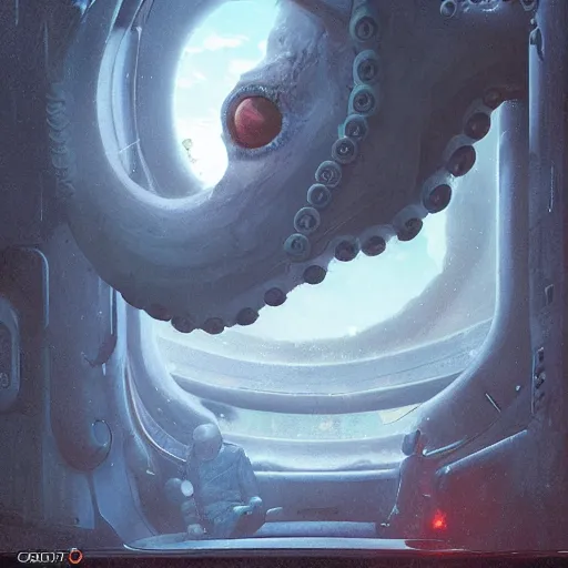 Prompt: The giant octopus monster through the spaceship window, wide shot, broad detail, by Greg Rutkowski