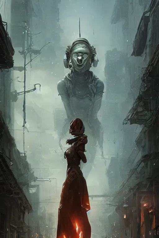 Image similar to a portrait of an alien women walking down the street of a steampunk city by Greg Rutkowski, Sung Choi, Mitchell Mohrhauser, Maciej Kuciara, Johnson Ting, Maxim Verehin, Peter Konig, final fantasy , mythical, 8k photorealistic, cinematic lighting, HD, high details, atmospheric,