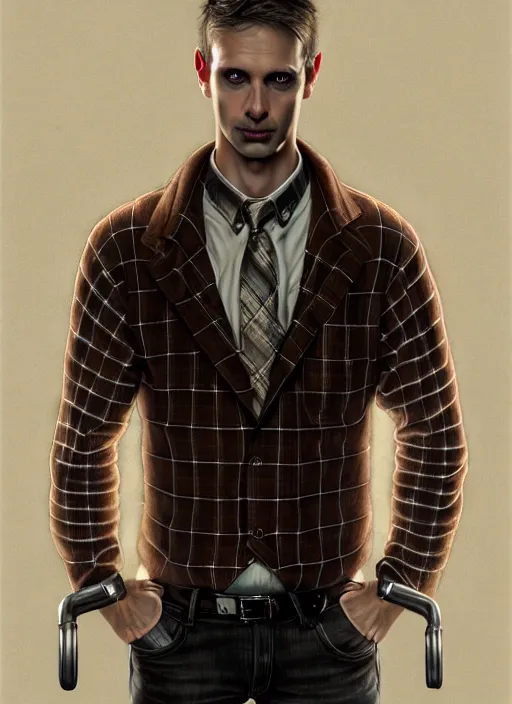 Image similar to male surgeon, brown hair, khakis, plaid shirt, gothic, moody, noir, diffuse lighting, fantasy, intricate, elegant, highly detailed, lifelike, photorealistic, digital painting, artstation, illustration, concept art, smooth, sharp focus, art by John Collier and Albert Aublet and James jean and Brian froud and ross tran and Artem Demura and Alphonse Mucha