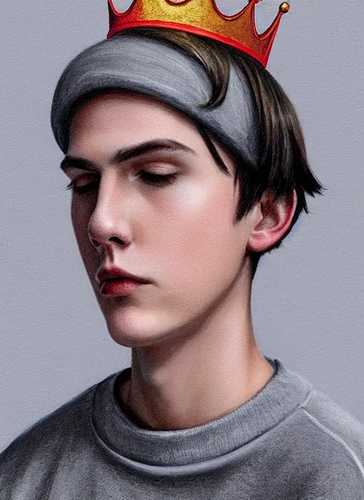 Image similar to portrait of teenage jughead jones wearing a light grey crown, photorealistic, crown, eyes closed, crown, black hair, sweater with letter s on it, letter s, intricate, elegant, glowing lights, highly detailed, digital painting, artstation, concept art, smooth, sharp focus, illustration, art by wlop, mars ravelo and greg rutkowski