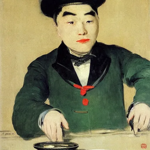 Image similar to portrait of a male chinese android bartender by edouard manet