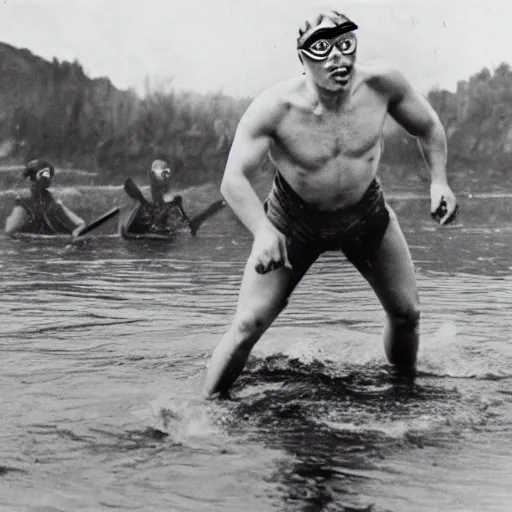 Image similar to a Caucasian man with swimming goggles and cap, fighting Godzilla