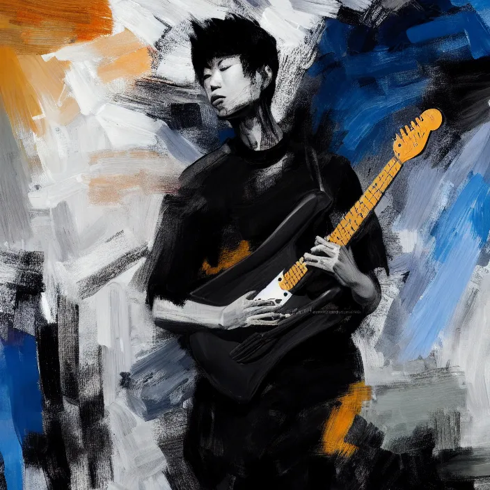 Prompt: large diagonal brush strokes, abstract dark painting of a young korean male musician wearing black tank top holding a telecaster!!! electric guitar!!, thick flowing dramatic brush strokes, dark matte colors!!, abstract, impressionist, motion, trending on artstation