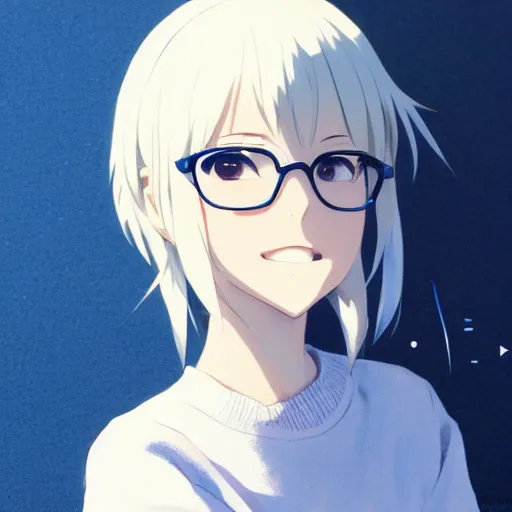 Prompt: anime cute girl in blue sweater white white pale hair black glasses standing gentle smile background by greg rutkowski makoto shinkai kyoto animation key art feminine mid shot wlop madhouse, ufotable, comixwave films, trending on artstation